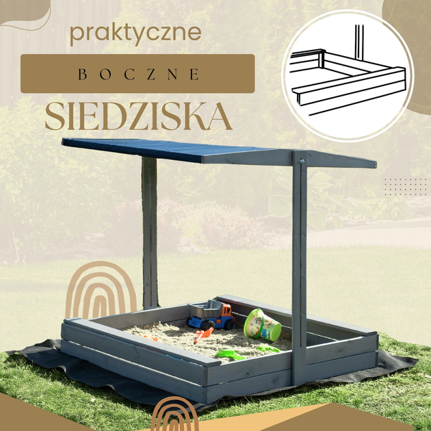 Дерев’яна пісочниця Springos з дахом, функцією закриття, лавками та полотном 120 x 120 см Сіра (5907719499369) - зображення 7