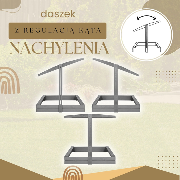 Дерев’яна пісочниця Springos з дахом, функцією закриття, лавками та полотном 120 x 120 см Сіра (5907719499369) - зображення 9