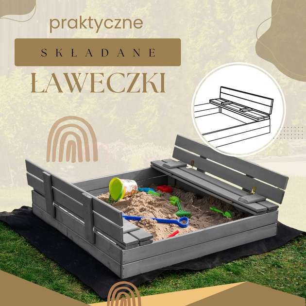 Дерев’яна пісочниця Springos просочена з кришкою, лавками, брезентом та підстилкою 120 x 120 см (5908455302340) - зображення 5