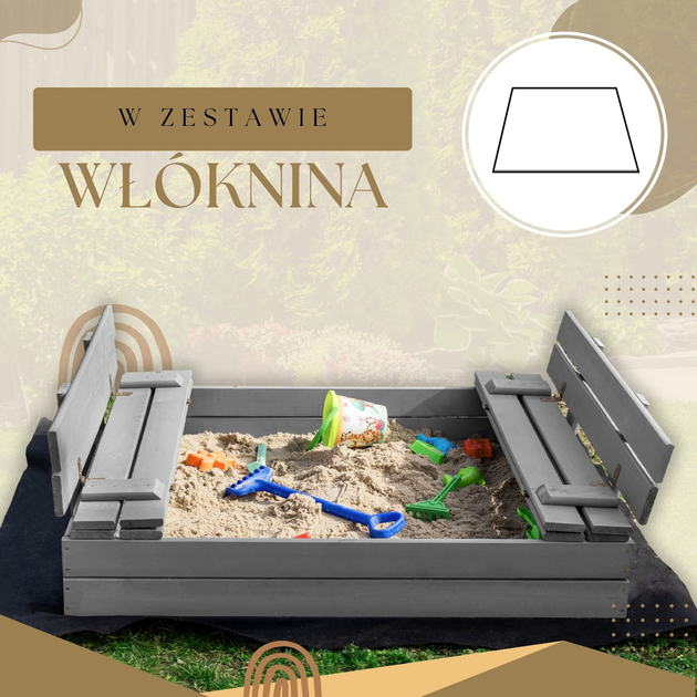 Дерев’яна пісочниця Springos просочена з кришкою, лавками, брезентом та підстилкою 120 x 120 см (5908455302340) - зображення 9