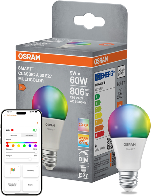 Inteligentna lampa LED OSRAM SMART+ WiFi A60 9W RGBW 806 Lm DIM E27 (4099854461286) - obraz 5