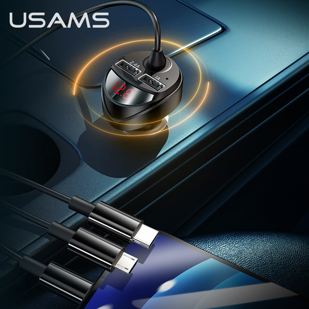 Автомобильное зарядное устройство в прикуриватель (автозарядка) USAMS Dual USB 3-in-1 C22 |2USB 3.4A| Черный - изображение 6
