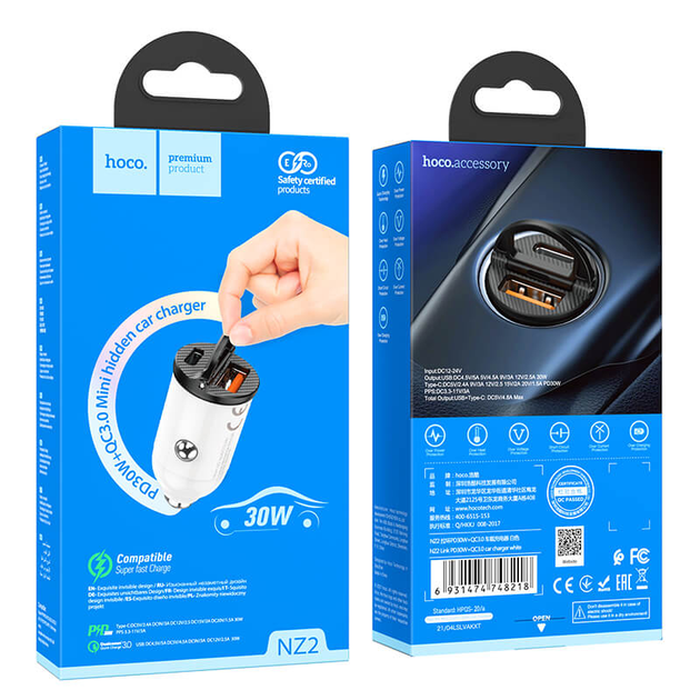 Автомобильное зарядное устройство с быстрой зарядкой HOCO Link NZ2 |1USB/1Type-C, QC/PD, 30W| Белый - изображение 8