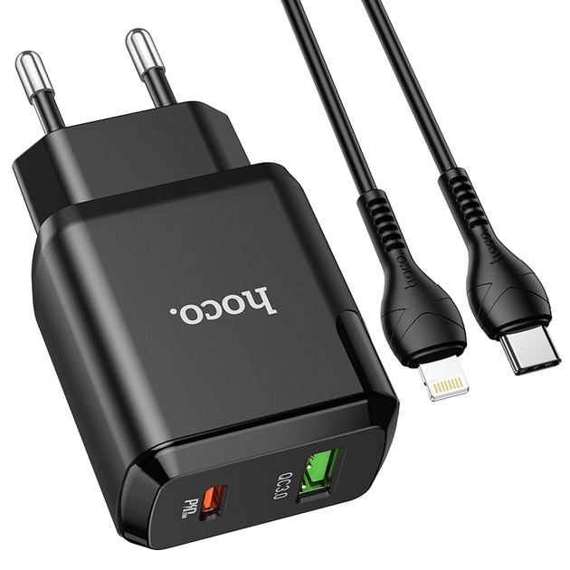 Зарядний пристрій для телефону з швидкою зарядкою + кабель Lightning HOCO N5 |USB/Type-C, 20W/3A, QC3/PD| Чорний - зображення 7