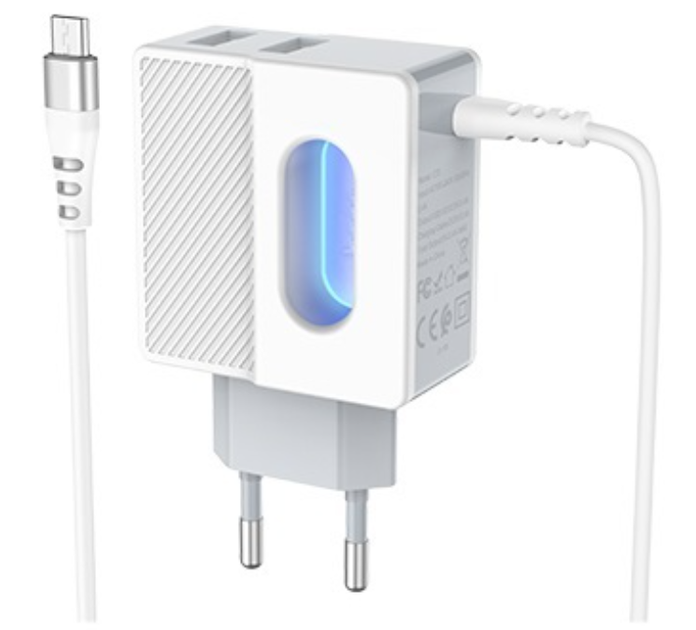 Сетевое зарядное устройство для телефона Android встроенный кабель Micro-USB HOCO C75 |2USB, 2.4A| Белый - изображение 2