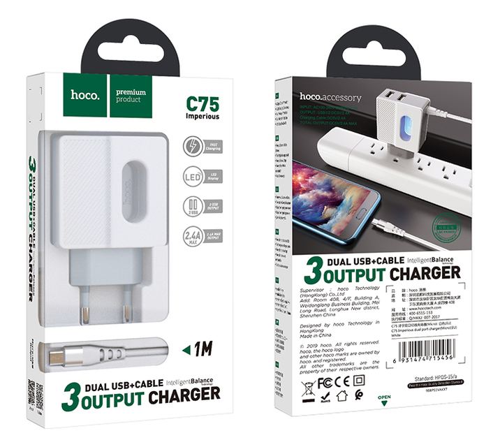 Сетевое зарядное устройство для телефона Android встроенный кабель Micro-USB HOCO C75 |2USB, 2.4A| Белый - изображение 6