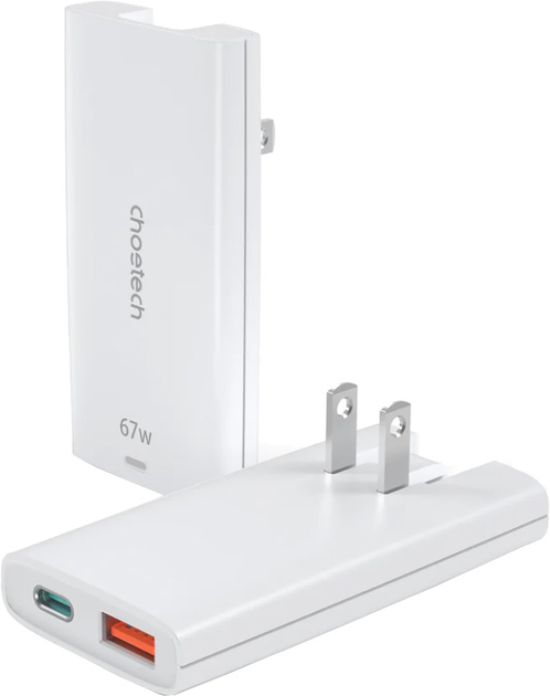 Ładowarka sieciowa CHOETECH 65W GaN USB-C + USB-A Ultra thin White (PD6011-EU-WH) - obraz 3