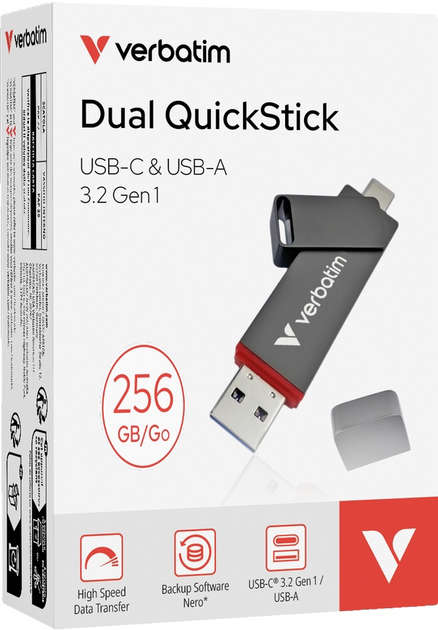 Флеш пам'ять USB Verbatim Dual QuickStick 256GB USB 3.2 Gen1 + Type-C Grey (32041) - зображення 6
