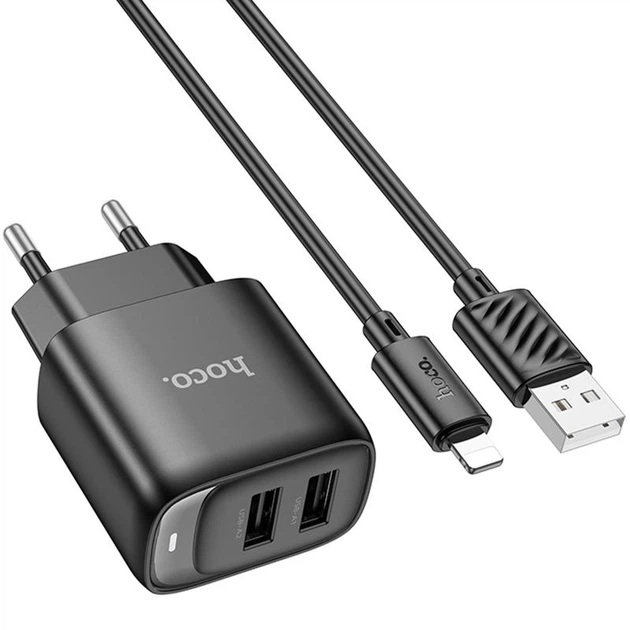 Зарядное устройство для телефона USB / Сетевой адаптер Hoco C141A Smart 2.1A (2USB-A) + кабель USB to Lightning (черный) - Фото 3 Зарядное устройство для телефона USB / Сетевой адаптер Hoco C141A Smart 2.1A (2USB-A) + кабель USB to Lightning (черный) - изображение 3