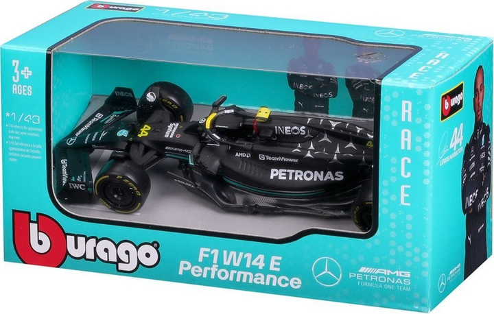 Metalowy model samochodu Bburago F1 Mercedes-AMG W14 E44 Lewis Hamilton 1:43 Czarny BB-18-38080-44 (4893993380800) - obraz 1