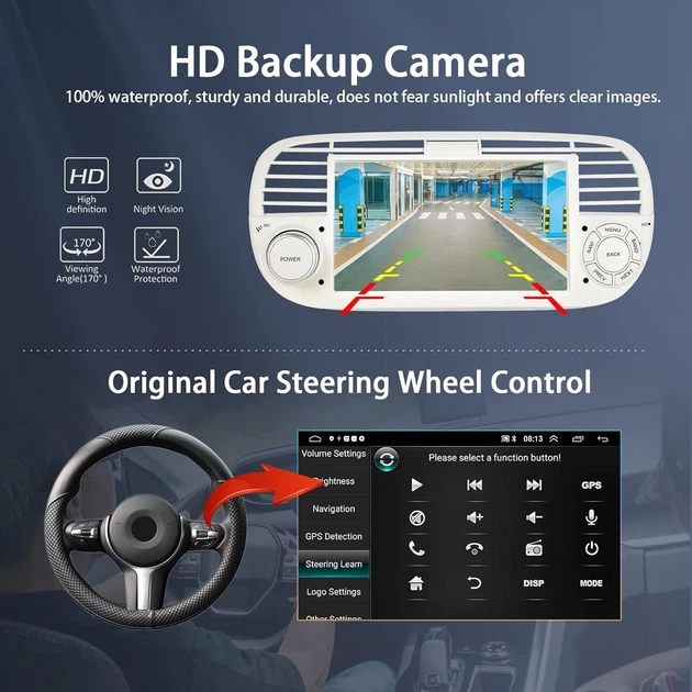Штатная автомагнитола Podofo для Fiat 500 2007-2015 / 7" / Сенсорная / 2/32Гб / Android 13 / Bluetooth / WI-FI / GPS / USB - изображение 5