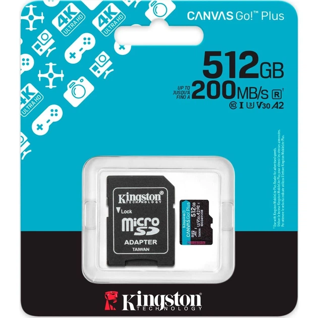 Карта памъяти Kingston microSD 512GB C10 UHS-I U3 A2 V30 R200/W160MB/s + SD - Фото 3 Карта памъяти Kingston microSD 512GB C10 UHS-I U3 A2 V30 R200/W160MB/s + SD - изображение 3