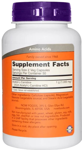 Ацетил-L Карнітин Acetyl-L Carnitine Now Foods 500 мг 100 капсул (733739000767) - зображення 2