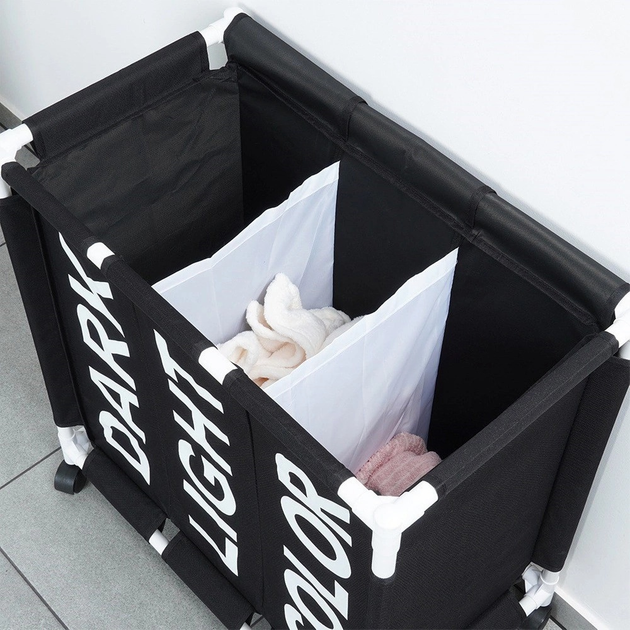 Kosz na pranie Vilde na kółkach trzykomorowy Czarny137 l (5904316472191) - obraz 9