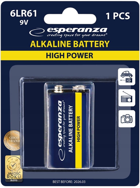 Bateria alkaliczna Esperanza 6LR61 1 szt (5901299958032) - obraz 2