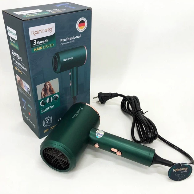 Фен Rainberg RB-2212 8800 W с регуляцией температуры и скорости для сушки и укладки волос. Цвет: зеленый - изображение 13