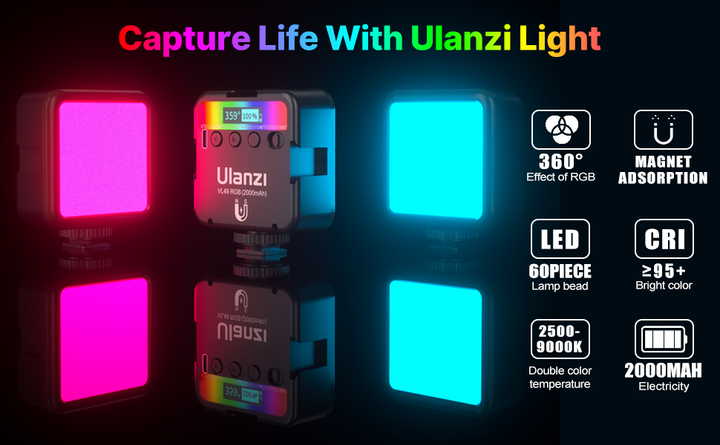 Накамерне світло LED RGB Ulanzi VL49 360° 2500K-9500K з підтримкою адсорбції магніту та регулятором яскравості - зображення 8