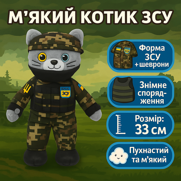 М'який котик ЗСУ "Країна іграшок" 33см у спорядженні воїна-захисника бронижилет-балаклава-окуляри PL8241ua - Фото 2 М'який котик ЗСУ "Країна іграшок" 33см у спорядженні воїна-захисника бронижилет-балаклава-окуляри PL8241ua - зображення 2