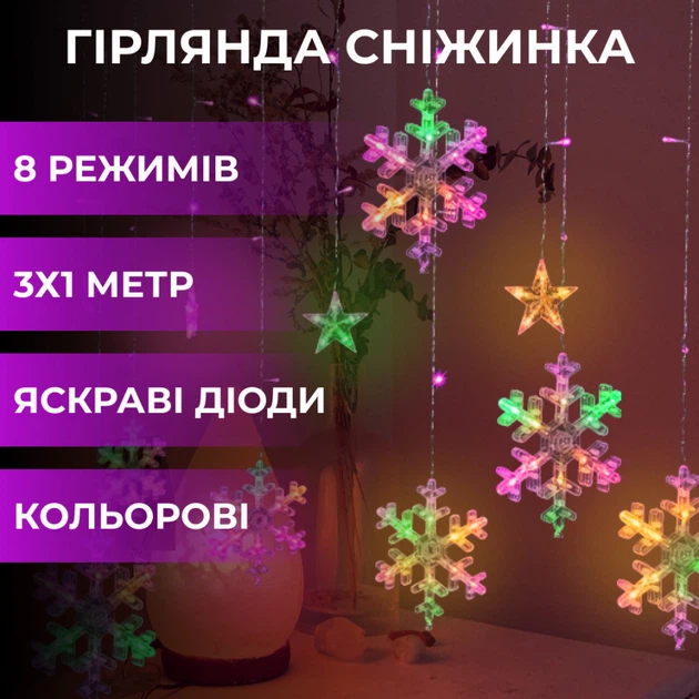 Гирлянда штора снежинки звездочки 108 LED 9Вт IP44 динамическая 12 фигур 50000 часов для окна стены камина желтая Желтая - зображення 12