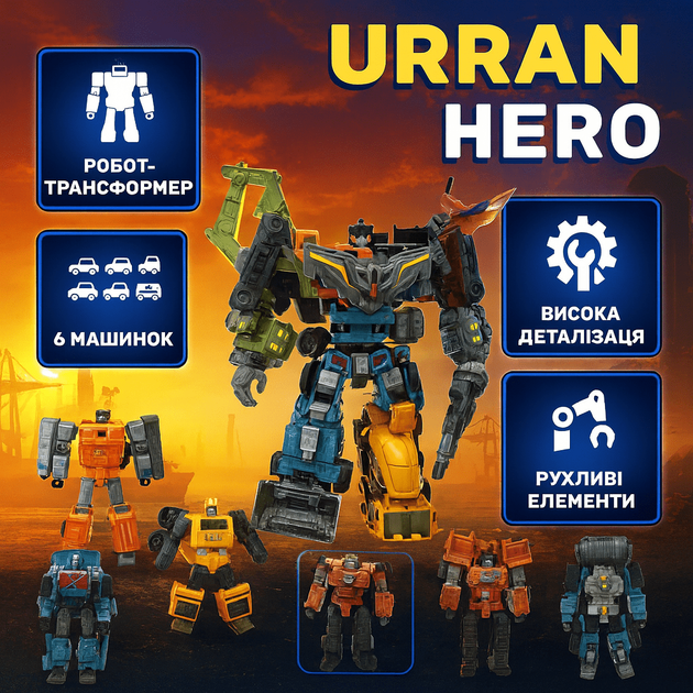 Робот-трансформер YuTeng 40 см Urran Hero Самосвал, екскаватор, 2 бульдозера, бетономешалка, автокран 908-2B - зображення 2