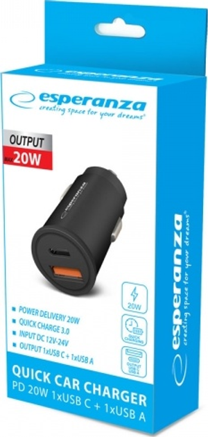 Ładowarka samochodowa Esperanza 20 W USB-C PD + USB-A QC 3.0 18W EZC111K (5901299960639) - obraz 3