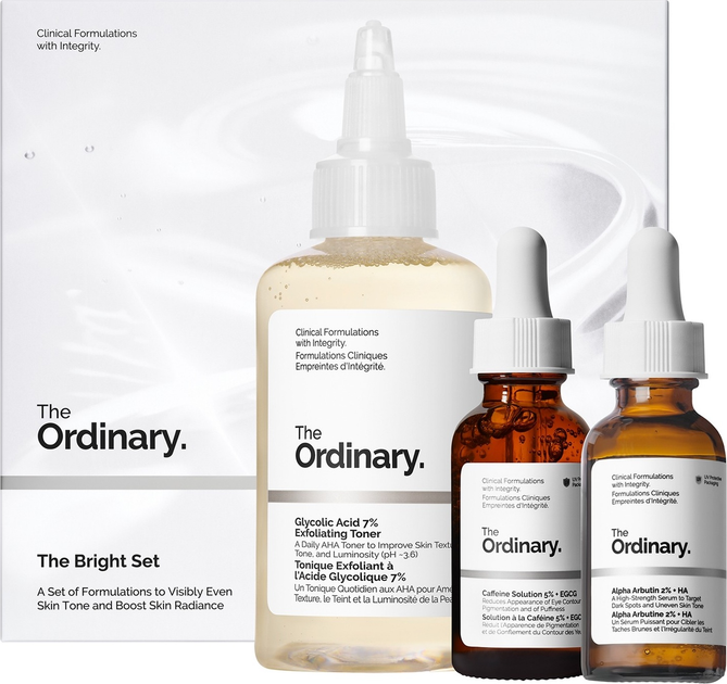 Zestaw do pielęgnacji twarzy The Ordinary The Bright Tonik złuszczający Glycolic Acid 7% 100 ml + Serum Alpha Arbutin 2% + HA 30 ml + Serum pod oczy Caffeine Solution 5% + EGCG 30 ml (769915233322) - obraz 1