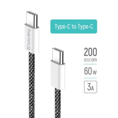 Дата кабель USB-C to USB-C 2.0m (braided cotton) (PD Fast Charging 60W) 3.0А black ColorWay (CW-CBPDCC068-BK) - Фото 1 Дата кабель USB-C to USB-C 2.0m (braided cotton) (PD Fast Charging 60W) 3.0А black ColorWay (CW-CBPDCC068-BK) - зображення 1