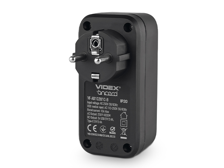 Мережевий адаптер VIDEX ONCORD 1п 2.4A 2USB+USB-C з заземленням Чорний (VF-AD1G2U1C-B) - зображення 3