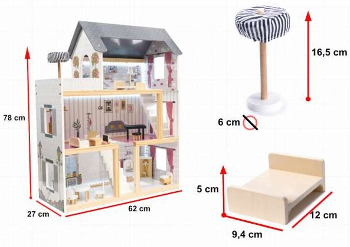 Drewniany domek dla lalek Kik MDF LED 70 cm Szary (KX6278) (5903039717794) - obraz 6