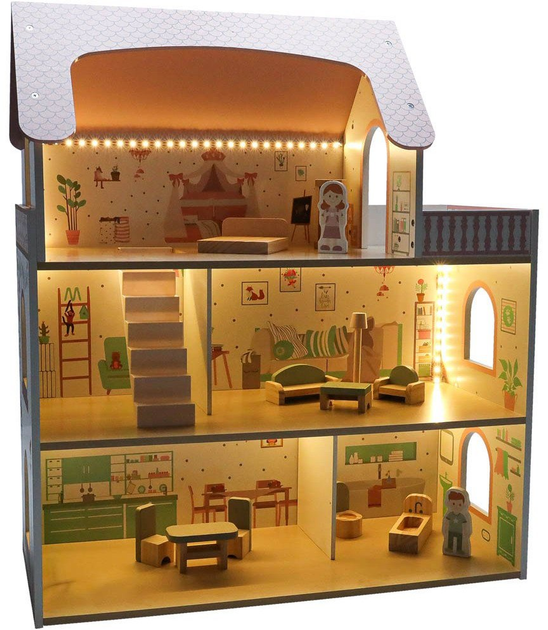 Drewniany domek dla lalek Kik Lulilo Peonio LED 70 cm Różowy (KX3053) (5903039767546) - obraz 6