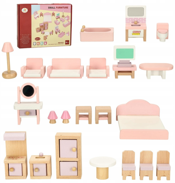 Mebelki do domku dla lalek Kik salon sypialnia łazienka kuchnia drewniane Różowe (KX3437) (5903039755789) - obraz 2