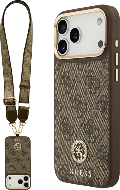 Панель Guess 4G Strass Logo & Big Strap Metal Buttons MagSafe для iPhone 17 Pro Max Brown (3666339550981) - зображення 1