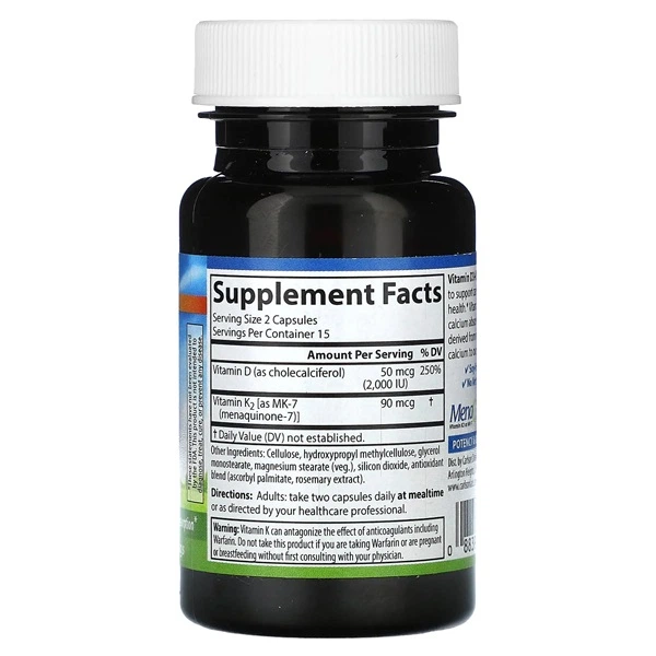 Комплекс Витамин D3+K2 Carlson Labs Vitamin D3 + K2, 50 mcg (2000 IU) + 90 mcg 30 Veg Caps CAR-10600 - изображение 2