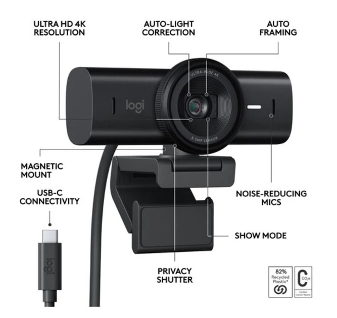 Веб-камера Logitech MX Brio 4K Ultra HD Black (960-001558), 4K (3840 × 2160) — 30 к/сек., Full HD (1920 × 1080) — 60 к/сек. - Фото 3 Веб-камера Logitech MX Brio 4K Ultra HD Black (960-001558), 4K (3840 × 2160) — 30 к/сек., Full HD (1920 × 1080) — 60 к/сек. - изображение 3