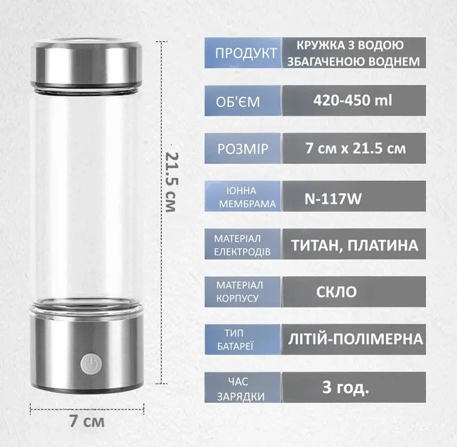 Генератор водневої води, скляна пляшка 450 мл. 7*21.5см. на акумуляторі 3.7V 1500 mAh - Фото 2 Генератор водневої води, скляна пляшка 450 мл. 7*21.5см. на акумуляторі 3.7V 1500 mAh - зображення 2