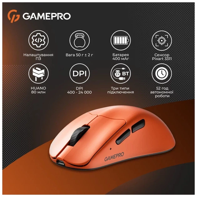 Мишка GamePro Genesis Avenger Wireless/Bluetooth/USB Orange (GM096O) - Фото 12 Мишка GamePro Genesis Avenger Wireless/Bluetooth/USB Orange (GM096O) - зображення 12