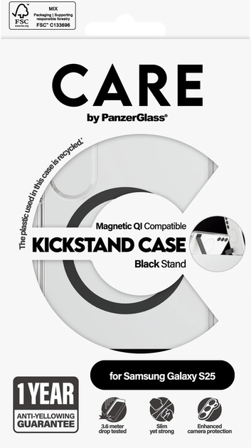 Etui plecki CARE by PanzerGlass Case Transparent w. Black Kickstand & Qi Compatible do Samsung Galaxy S25 (CRRFBKQG38388) - obraz 4