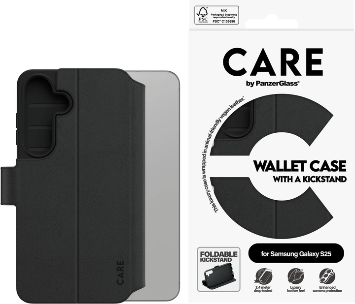 Etui z klapką CARE by PanzerGlass Wallet Case w. Kickstand do Samsung Galaxy S25 Black (CRRFEWLG38388) - obraz 4