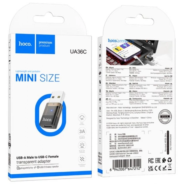Адаптер Hoco UA36C USB (папа) to Type-C (мама) USB2.0 transparent adapter Black - изображение 2
