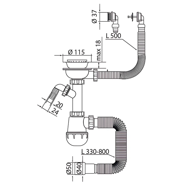 Сифон для кухни Mixxus SK-07-B 3 1/2"x40 с нерж.сеткой, отводом для стиральной машины, гибким круг. переливом (MI8199) - изображение 2