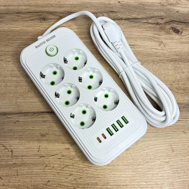 Подовжувач з 6 розетками 4 USB-A 2 USB-C портами 2500W 5 м - Фото 4 Подовжувач з 6 розетками 4 USB-A 2 USB-C портами 2500W 5 м - зображення 4