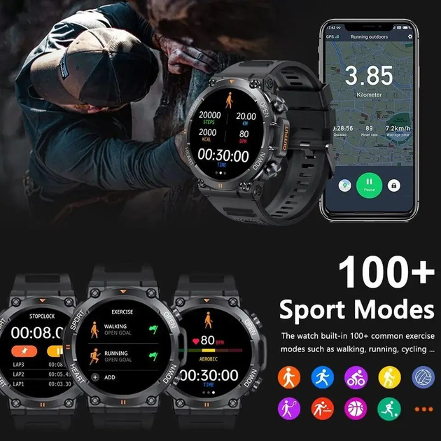 Смарт годинник тактичний військовий Mevaden Hunter Army Black 1.39 inch Bluetooth 5.0 дзвінки - Фото 4 Смарт годинник тактичний військовий Mevaden Hunter Army Black 1.39 inch Bluetooth 5.0 дзвінки - изображение 4