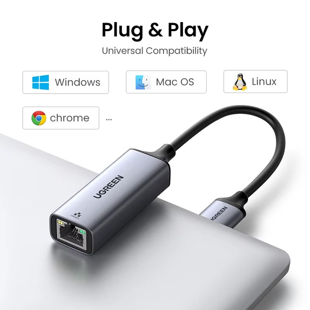 Сетевой адаптер UGREEN CM209 USB-A Gigabit Ethernet Adapter RJ45 1000mb/s Space Gray - Фото 3 Сетевой адаптер UGREEN CM209 USB-A Gigabit Ethernet Adapter RJ45 1000mb/s Space Gray - изображение 3