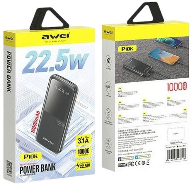Powerbank Awei P10K 10000mAh 22.5W USB-C/USB-A Black (6954284008518) - obraz 2