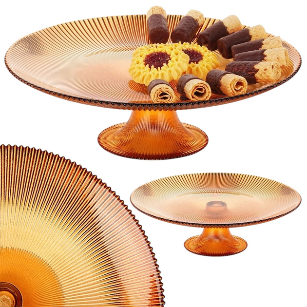 Patera na tort Vilde szklana na nóżce Bursztynowa 28 cm (8721037043557) - obraz 4
