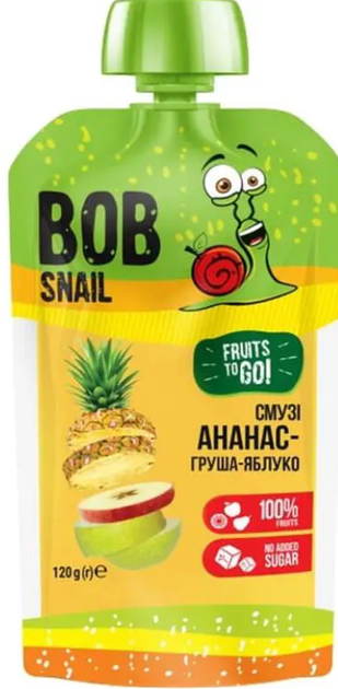Пюре фруктове Bob Snail Смузі Ананас-Груша-Яблуко пастеризоване 120 г - Фото 1 Пюре фруктове Bob Snail Смузі Ананас-Груша-Яблуко пастеризоване 120 г - зображення 1