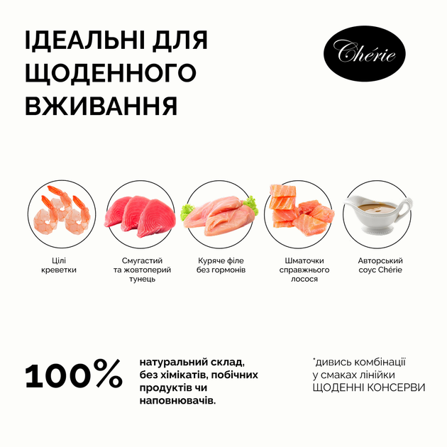 Консервований корм Cherie Signature Gravy Mix Tuna & Wild Salmon with Wild Salmon Entrеes in Gravy вологий корм для котів з ніжними шматочками жовтоперого та смугастого тунця та дикого лосося в соусі 80 г (CHS14302) - зображення 3
