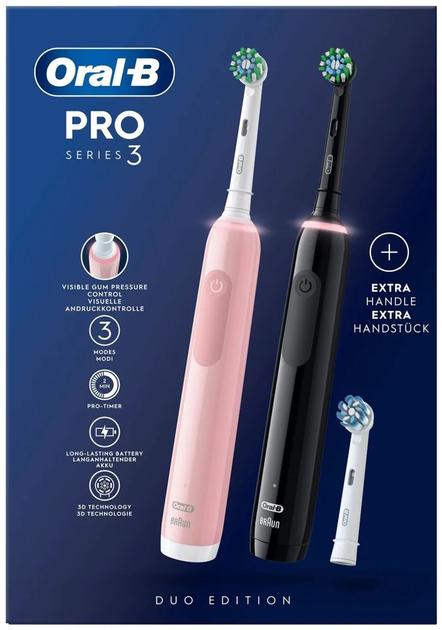 Zestaw szczoteczek elektrycznych Oral-B Pro3 3900N Black CA + Pink CA (8006540760277) (955555913764427) - Outlet - obraz 3