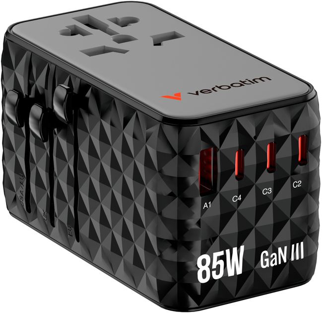 Мережевий зарядний пристрій Verbatim Travel Adapter 85W 3 x USB-C, 1 x USB-A CNT-02 Black (2394232127) - зображення 2