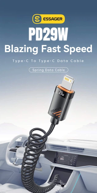 Кабель пружинный телескопический Essager PD29W 3A Type-C to Lightning для iPhone Apple Fast Charging Data Cable Apple ( длина 120 cм ) - изображение 7